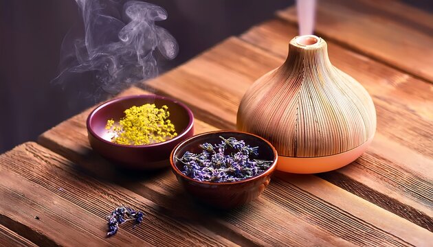 "Essential Oils and Diffuser in a Bowl on a Wooden Surface &ndash; Aromatherapy Concept"