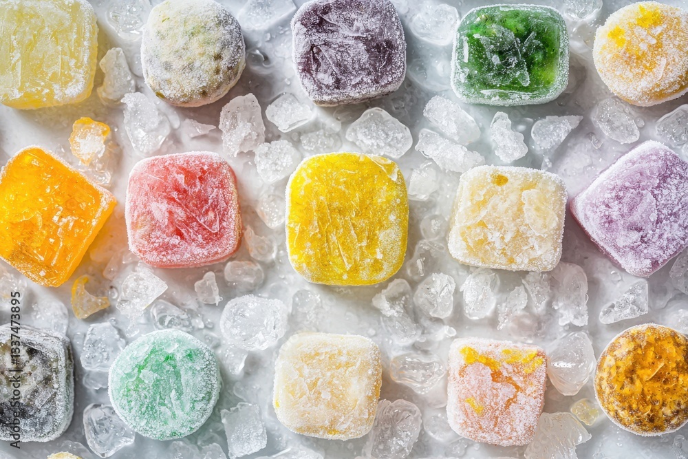Poster an overhead shot of colorful fruit ice cubes on crushed ice, creating a refreshing and visually appe