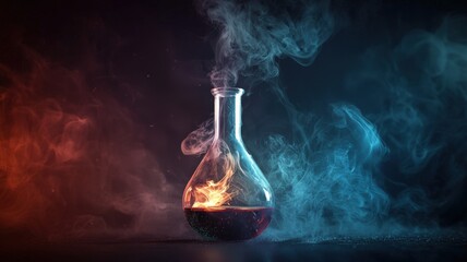 Otherworldly shot of a laboratory flask with a glowing, swirling reaction, as smoke rises and light shifts across its surface