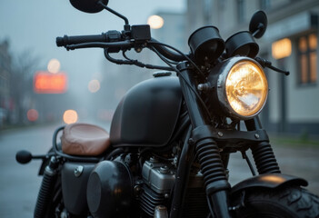 Close-up of a sleek black motorcycle with a vintage design and glowing headlight