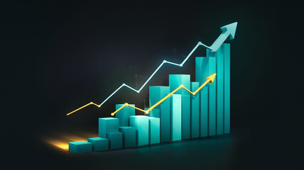 3D teal bar graph with upward trending arrows, showcasing growth, progress, and success in business, finance or marketing concepts