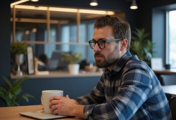 Obraz premium Thoughtful man enjoying coffee in a modern cafe setting