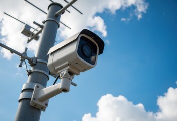 Security camera mounted on a pole against a blue sky with clouds