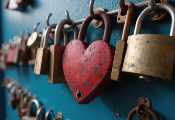 A collection of padlocks, featuring a prominent red heart-shaped lock