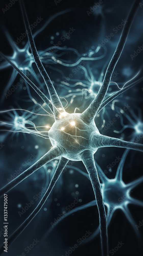 Poster close-up of neuron cell, detailed structure, glowing nodes, intricate network, representing neural c