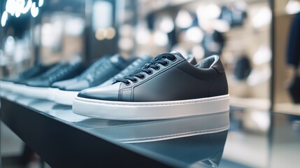 Sleek row of designer sneakers showcased in store, fashionable footwear display