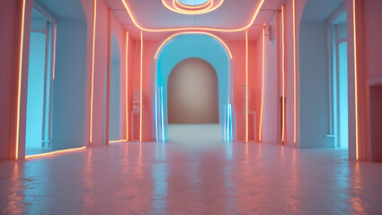 Neon-lit architectural space: A modern hallway with arches and vibrant glowing lights casting colorful reflections on the floor.