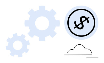 Gears signify workflow and automation alongside a dollar sign representing finances. Cloud outlines reflect digital transformation. Ideal for business, finance, cloud tech, workflow, automation