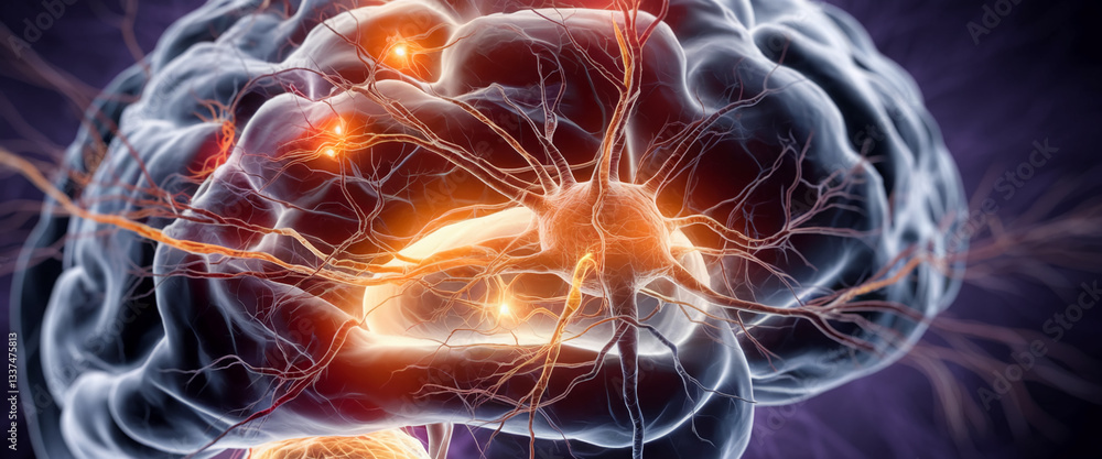 Poster detailed microscopic image of neuron and synapses, showcasing complex brain structure and neural pat
