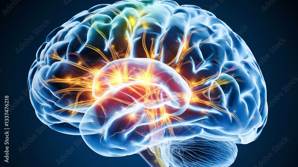 Poster detailed image of human brain, showcasing neural pathways and activity, symbolizing intelligence, co