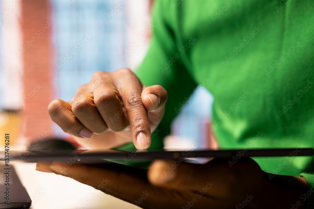 Poster remote employee at home office desk editing documents on tablet, updating reports and files. close u