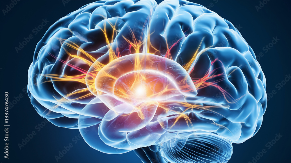 Poster translucent blue brain image, highlighting neural pathways in orange and red, showcasing intricate b