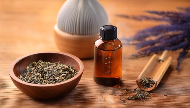 "Essential Oils and Diffuser in a Bowl on a Wooden Surface &ndash; Aromatherapy Concept"