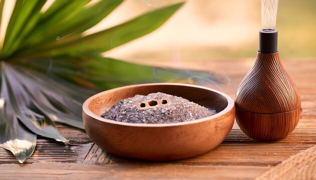 "Essential Oils and Diffuser in a Bowl on a Wooden Surface &ndash; Aromatherapy Concept"