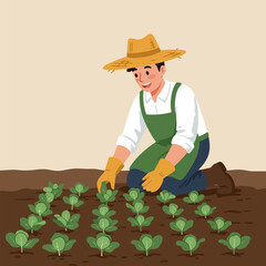 Farmer Inspecting Growing Crops in Field with Straw Hat