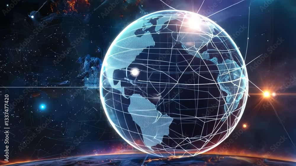 Poster exploring the future of connectivity with a digital representation of earth surrounded by a network 