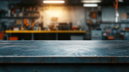 A clean, textured metal workbench in a well-lit workshop with tools and equipment in the background