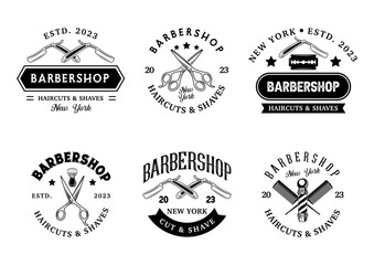 Obraz premium Barbershop logo sign badge vector collection. Vintage barbershop logo with retro style vector design. Set of design elements for barber shop, haircut's salon