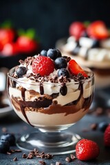 Vanilla dessert with chocolate syrup and berries	