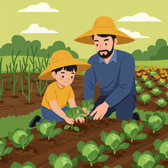 Father and Son Planting Cabbage Together in Garden on Sunny Day