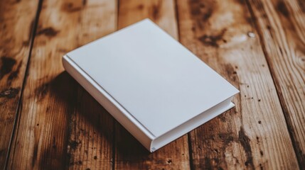 Fototapeta premium A blank, closed book resting on a rustic wooden table, evoking a sense of simplicity and tranquility