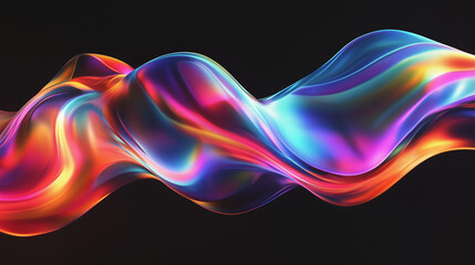 3D Render of Colorful Iridescent Wave on Black Background – Abstract Holographic Design with Vibrant Light Effects