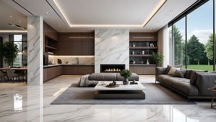 Modern Open-Plan Living Room Design with Marble Fireplace and Kitchen
