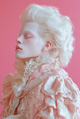 Naklejka premium Baroque-Era Albino Aristocrat – Vintage Portrait with Blond Hair & Rococo Makeup, Dramatic pink Background, Copy Space