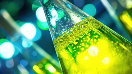 Dynamic close-up of a chemical reaction, with glowing yellow and green liquids mixing and forming intricate patterns in a lab beaker.

