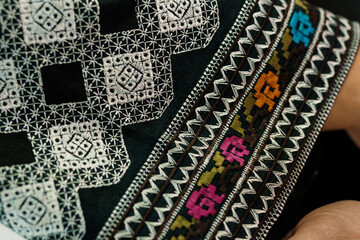 Close-up of Intricate Traditional Textile Embroidery Featuring Geometric Patterns and Colorful...