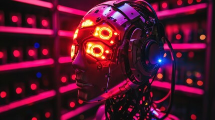 Futuristic robot display technology exhibition digital art urban environment close-up view ai concept