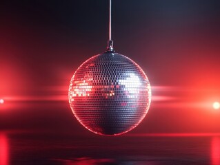 Fototapeta premium Hanging disco ball with red neon lights 