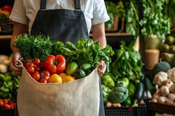 Greengrocer holding reusable shopping bag full of fresh vegetables and fruits