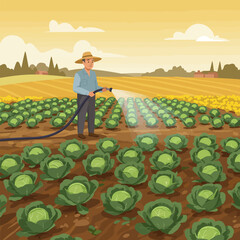 Fototapeta premium Farmer Watering Cabbage Field with Hose Under Warm Sky Illustration