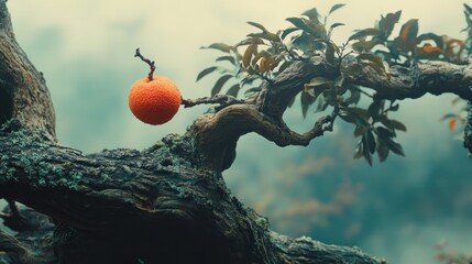 Surreal fruit hanging from branch, evoking a dreamlike atmosphere