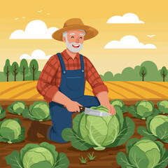 Farmer Harvesting Cabbage in Field During Sunny Day in Countryside