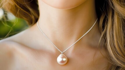 Elegant pearl necklace displayed on model outdoor garden lifestyle photography natural light close-up view jewelry concept