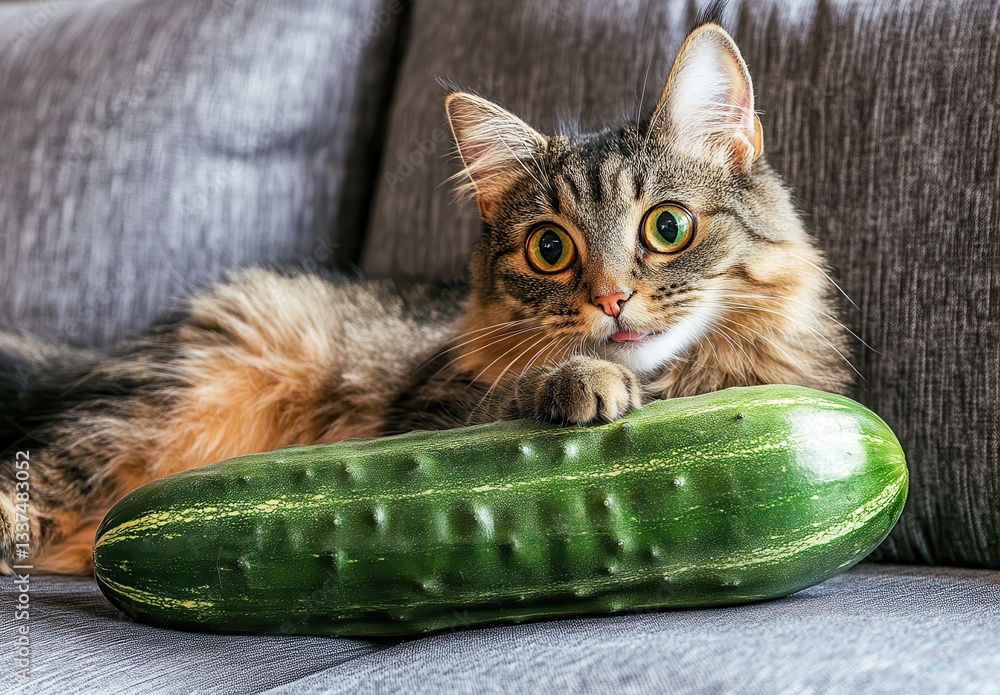 Poster adorable cat with large cucumber on sofa showcasing curiosity and playfulness in home environment