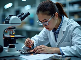 Mujer ingeniera que coloca cuidadosamente microchips en una placa base, utilizando herramientas avanzadas para garantizar la precisión en la fabricación de semiconductores