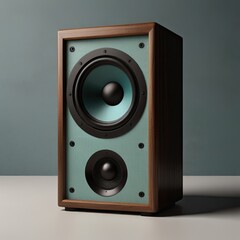 Modern Speaker Digital Illustration with Metallic Drivers and Wooden Accents on a White Background
