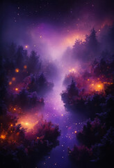 Naklejka premium Niebla violeta profunda y etérea con luces cálidas de color ámbar y carmesí que brillan suavemente, diminutas partículas flotantes que se asemejan a polvo de estrellas encantado
