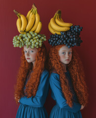 Playful Redhead Sisters Balancing Fruit Towers &ndash; Whimsical Children's Photography, Minimalist Aesthetic with Red & Pastel Background, Copy Space