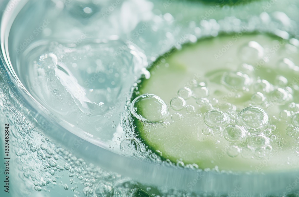 Poster close-up of sliced cucumber in sparkling water with ice for refreshing summer drink on light backgro