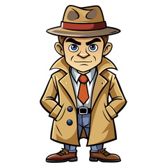 a cartoon detective standing confidently, wearing a trench coat and fedora. The detective has a stern expression and his hands in his pockets