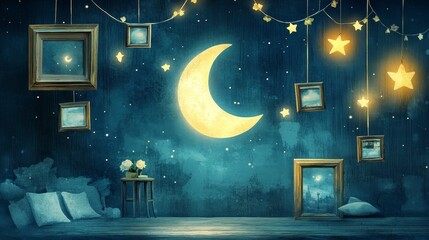 Obraz premium A dreamy night scene with a moon, stars, and picture frames. 