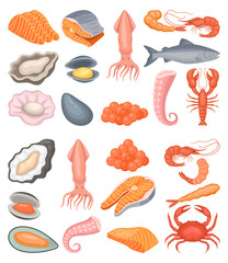 Seafood illustration vector bundle. Seafood vector cartoon set icon.Vector illustration icon fish food on white background. Seafood illustration vector bundle