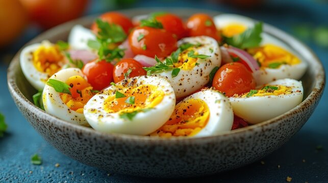 A vibrant salad of halved hard-boiled eggs, cherry tomatoes, and red onion, garnished with fresh herbs and spices