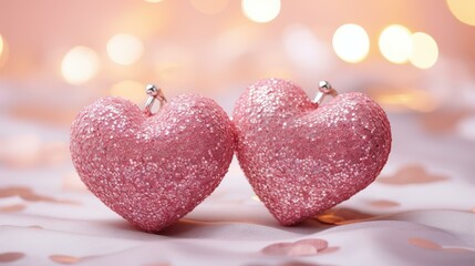 Obraz premium Two sparkly hearts shine on a pink glitter backdrop, creating a vibrant, romantic atmosphere for any occasion.