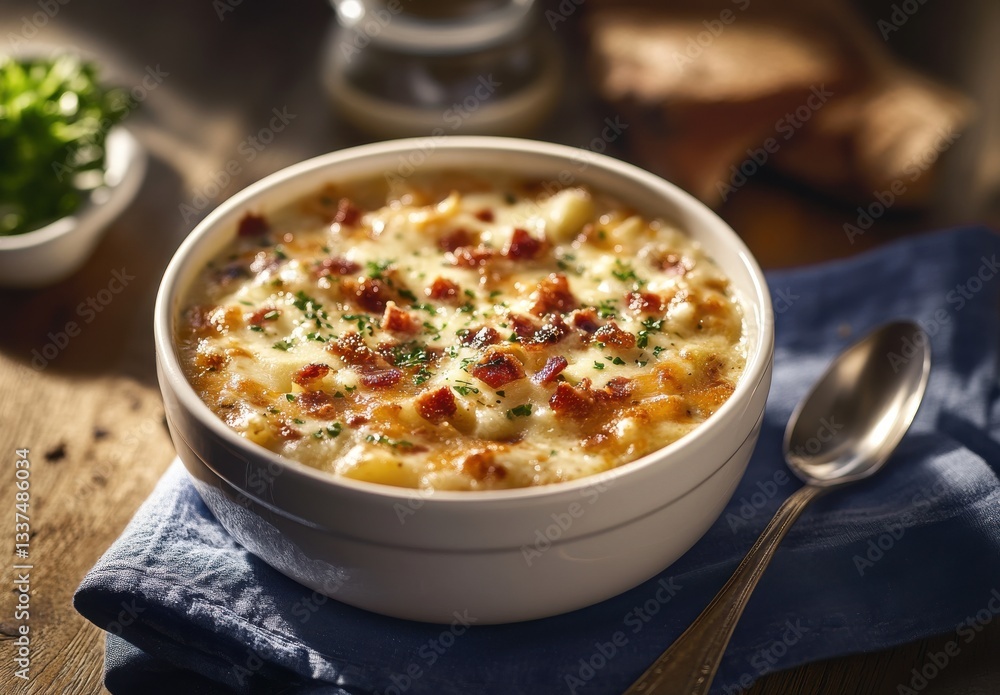 Poster creamy potato chowder with crispy bacon bits in a rustic setting perfect for comfort food photograph