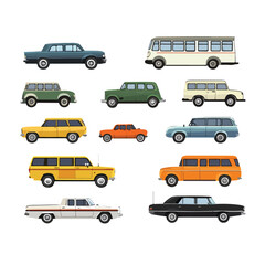Modern Flat Cars Set with Taxi, Minivan, Cabriolet, and Pickup Truck